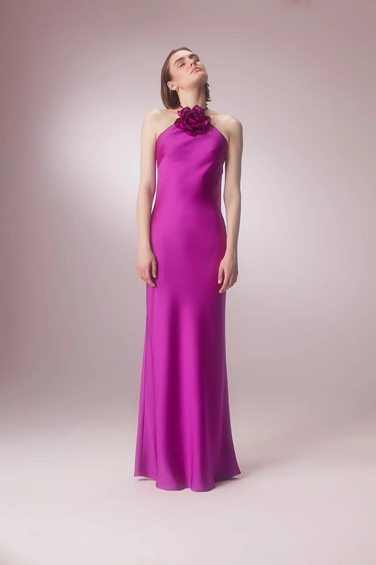 Halter Neck Dress With Flower Brooch - Fuchsia