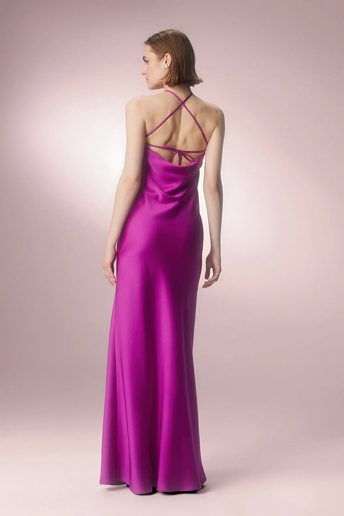 Halter Neck Dress With Flower Brooch - Fuchsia