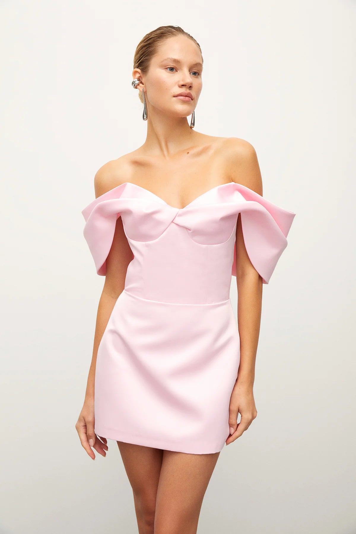 Off-The-Shoulder Mini Satin Pink Dress Pinyor Off-The-Shoulder Mini Satin Pink Dress Pinyor