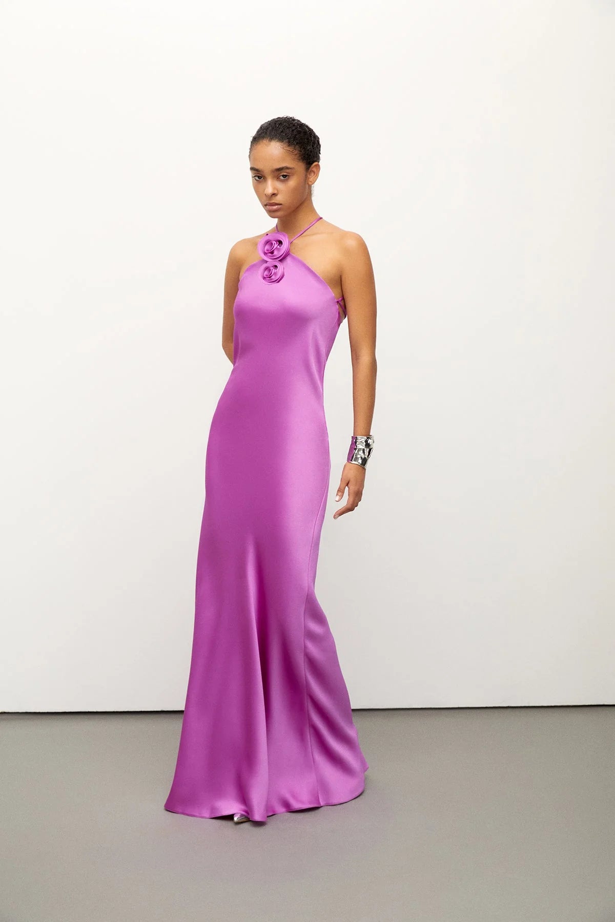 Grey Halter Neck Dress With Flower Brooch