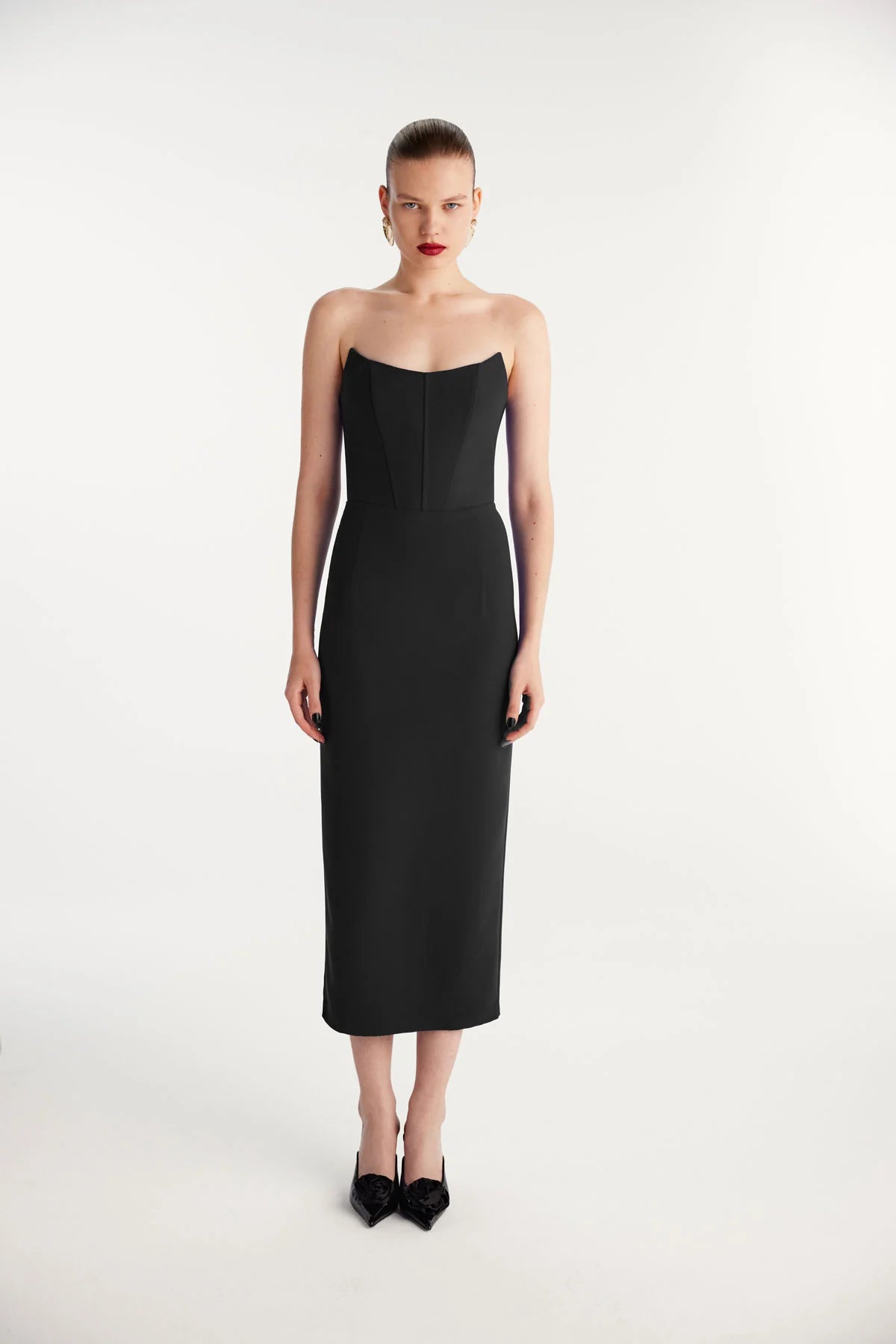 Strapless Midi Black Crepe Dress