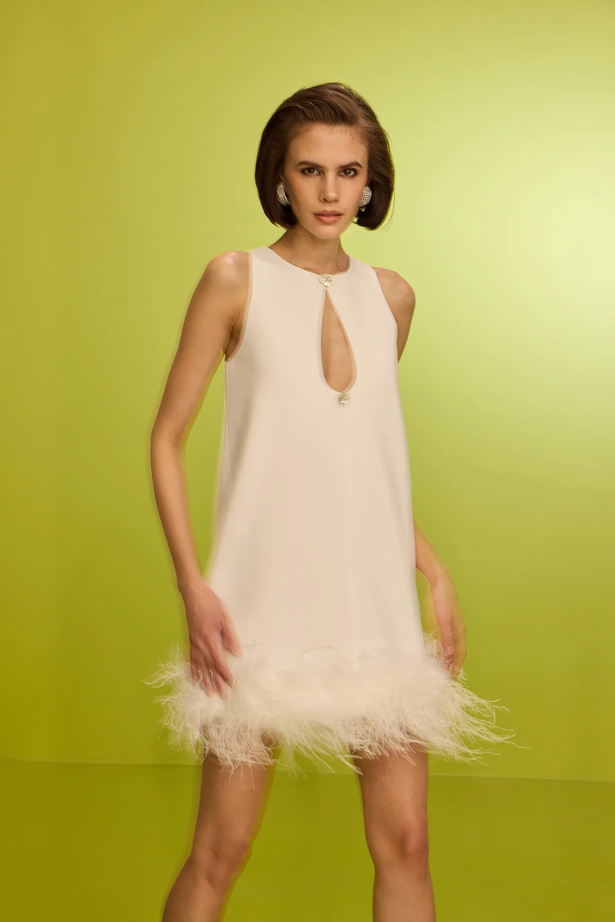 Feather-trimmed Mini Crepe Dress- Ecru