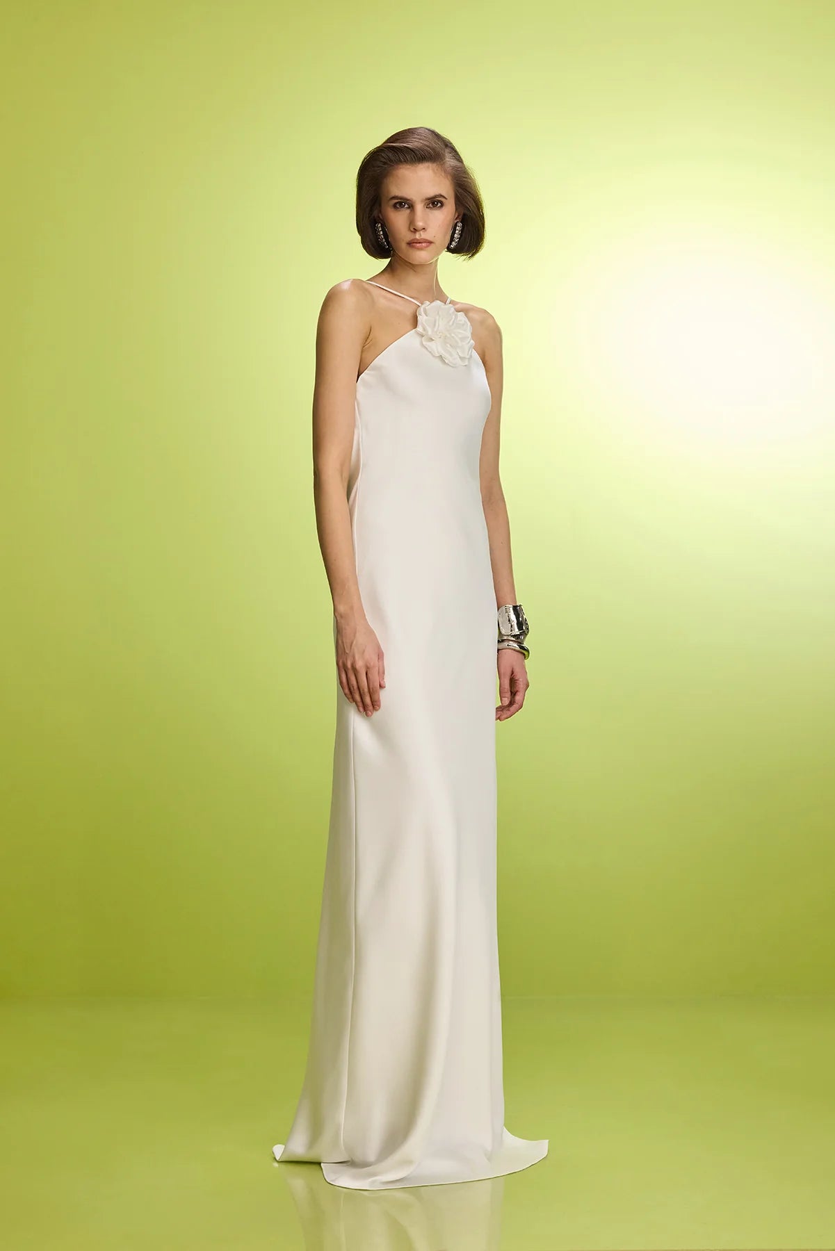 Halter Neck Dress With Flower Brooch- Ecru