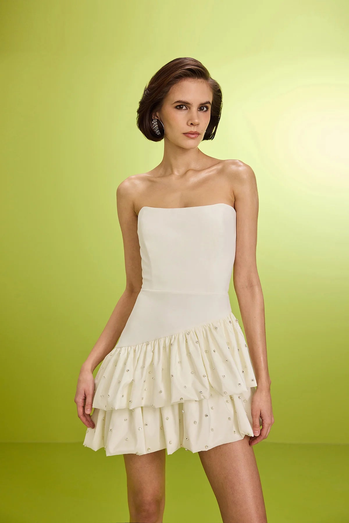 White Crystal Embellished Ruffled Mini Dress