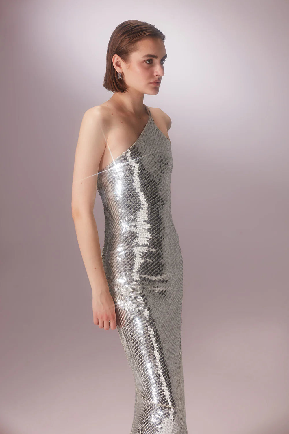 One Shoulder Sequined Silver Dress