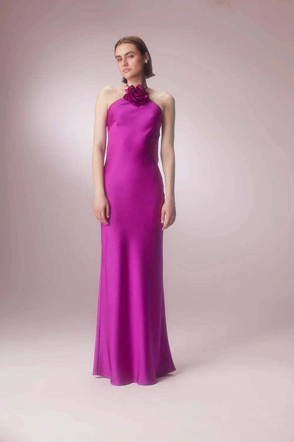 Halter Neck Dress With Flower Brooch - Coral