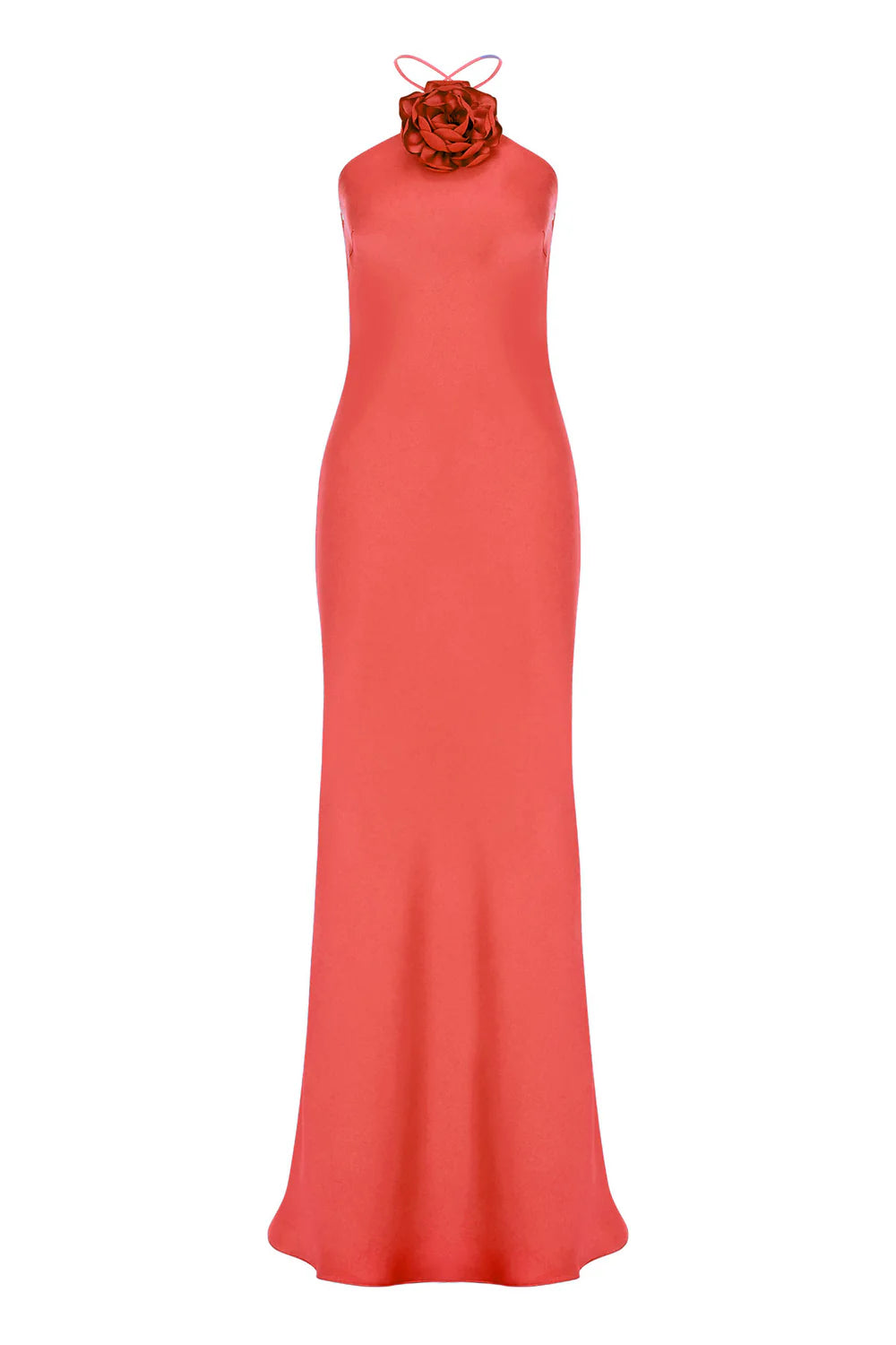 Halter Neck Dress With Flower Brooch - Coral