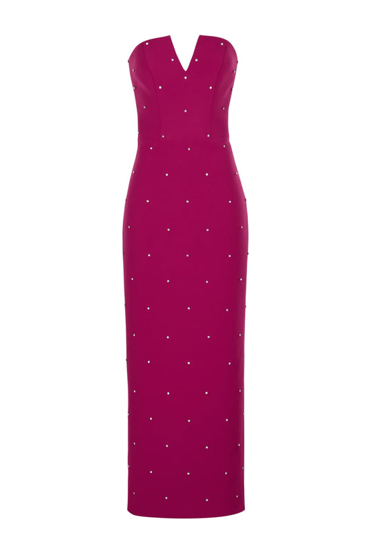 Crystal Embellished Strapless Crepe Dress - Fuschia