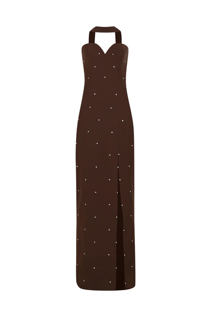 Tie-detailed Brown Maxi Crepe Dress