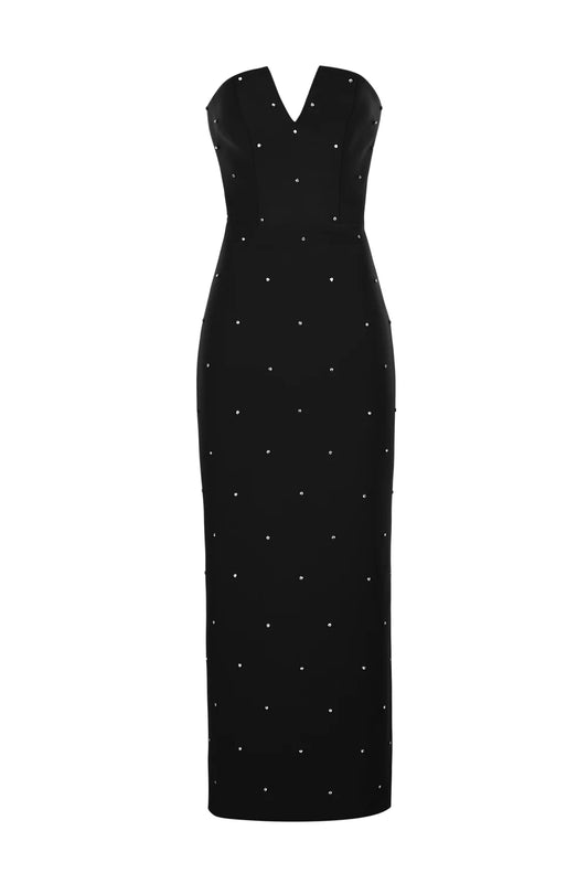 Crystal Embellished Strapless Crepe Dress - Black