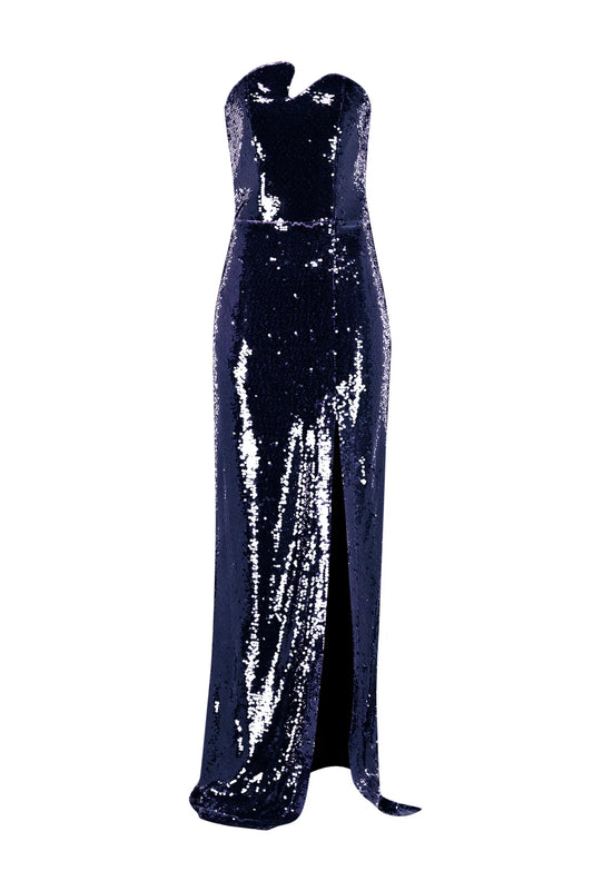 Asymmetric Neckline Sequined Maxi Dress - Navy