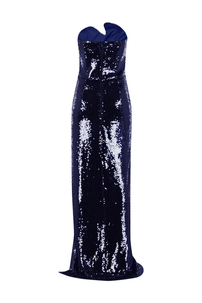 Asymmetric Neckline Sequined Maxi Dress - Navy