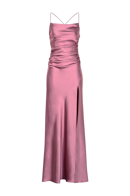 Open Back Draped Satin Pink Dress