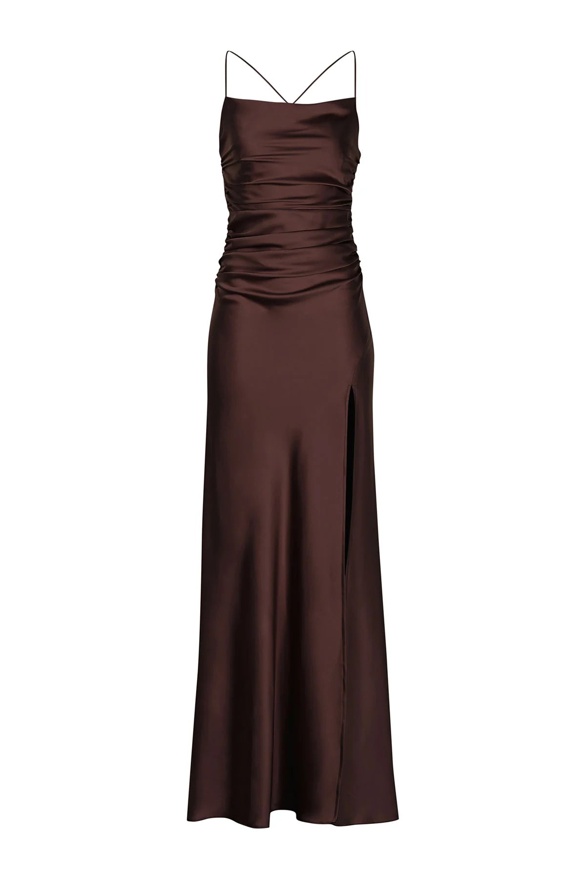 Open Back Draped Satin Brown Dress