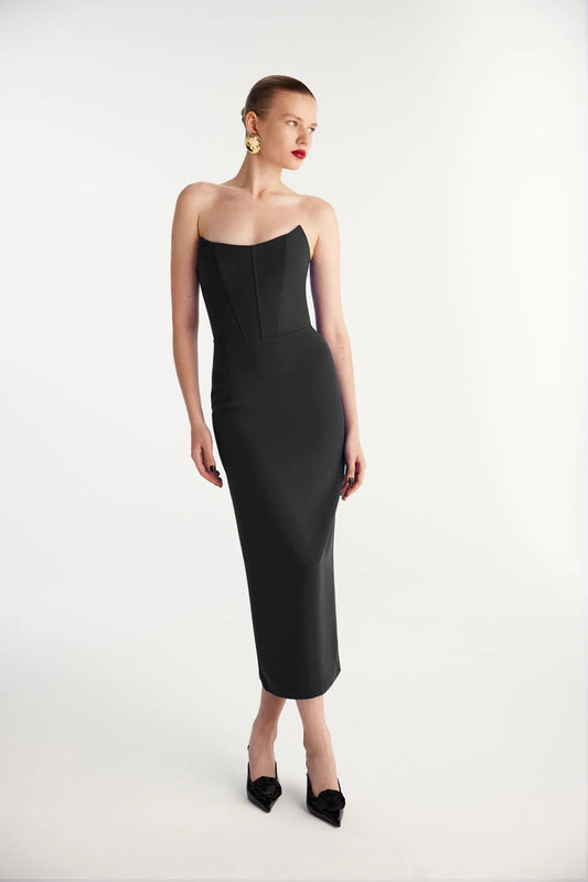 Strapless Midi Black Crepe Dress