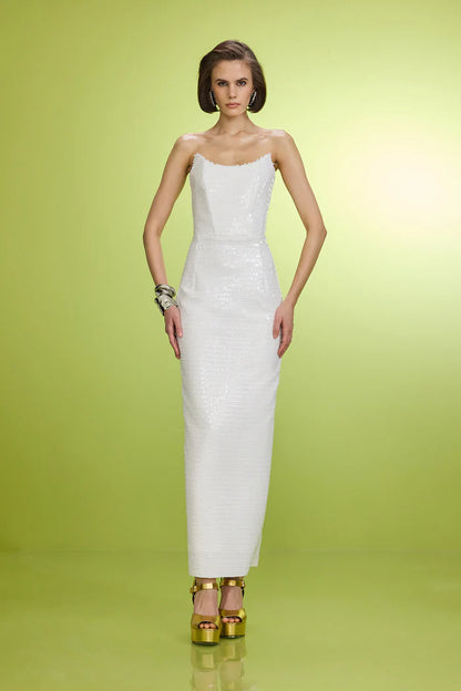 White Strapless Sequined Dress