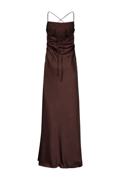 Open Back Draped Satin Brown Dress