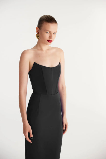 Strapless Midi Black Crepe Dress