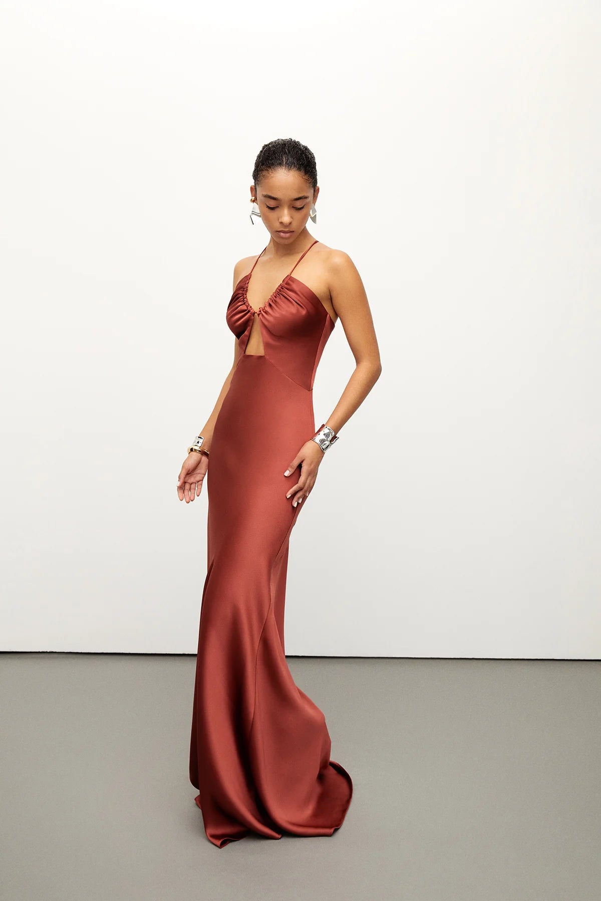 Cutout Draped Brown Satin Dress