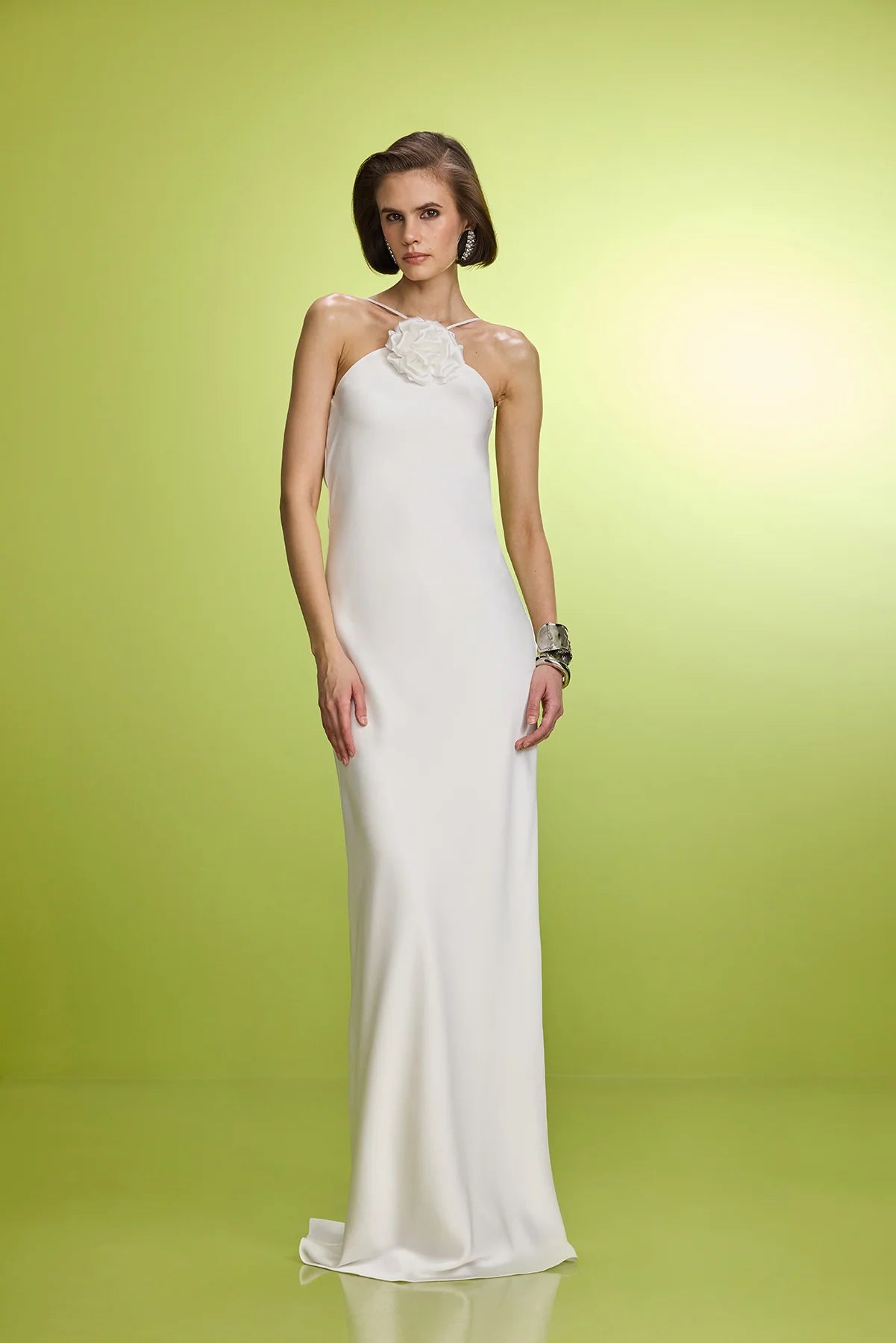 Halter Neck Dress With Flower Brooch- Ecru Halter Neck Dress With Flower Brooch- Ecru