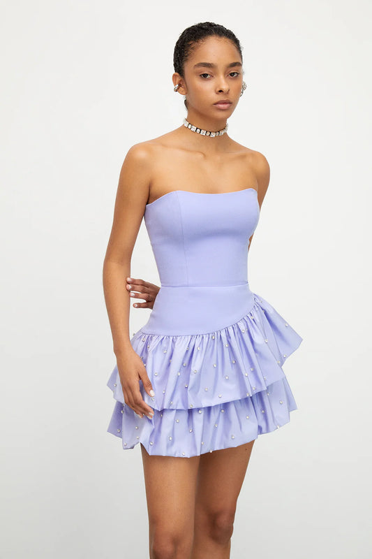 Stone Embellished Ruffled Mini Dress- Lilac