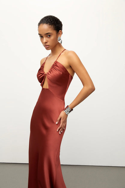 Cutout Draped Brown Satin Dress