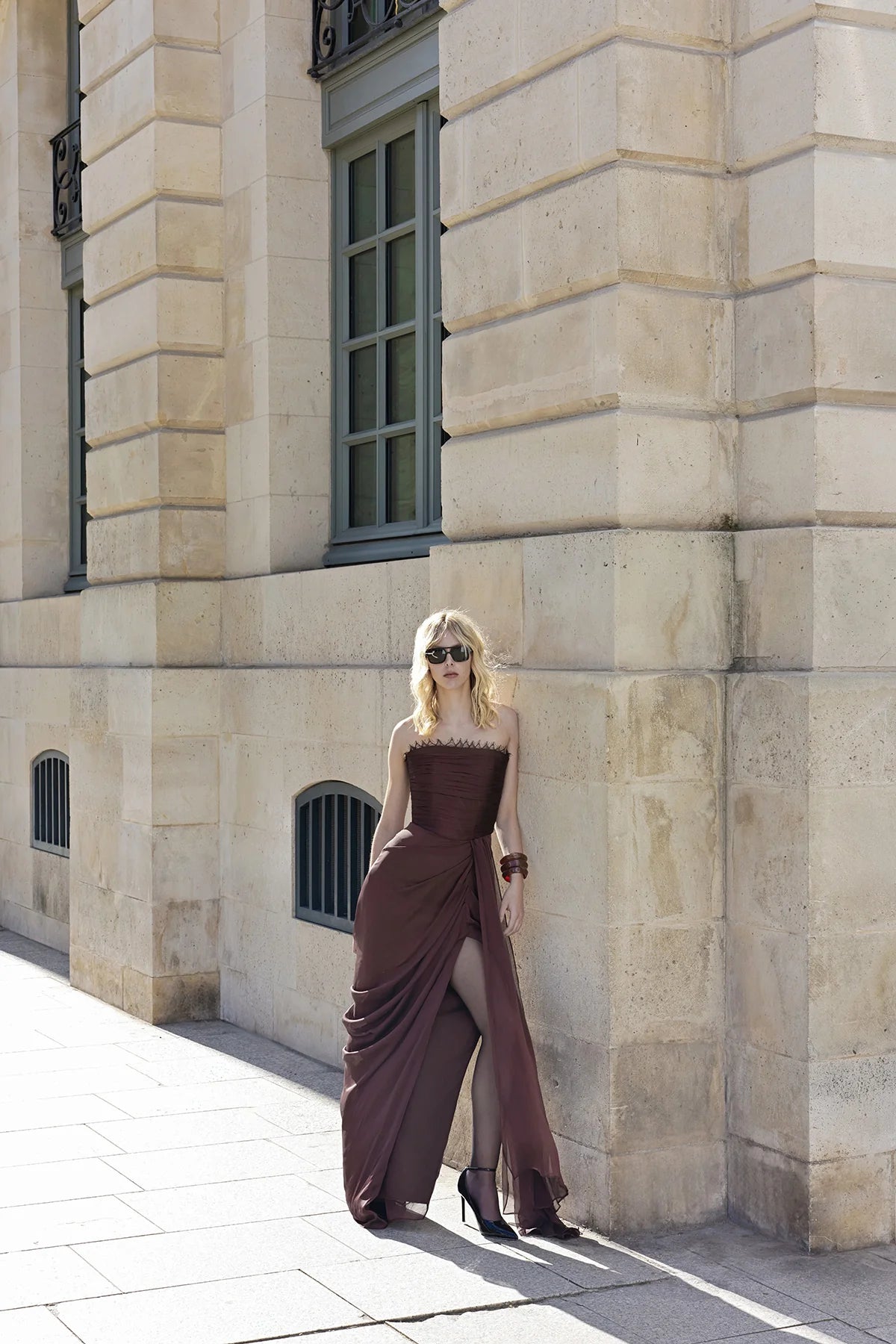 Lace-trimmed Draped Chiffon Dress