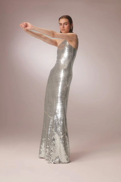 One Shoulder Sequined Silver Dress Pinyor One Shoulder Sequined Silver Dress Pinyor