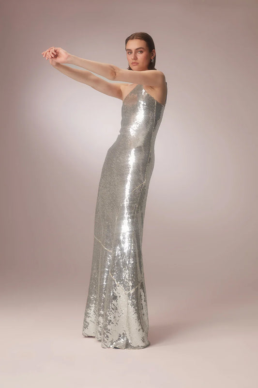 One Shoulder Sequined Silver Dress