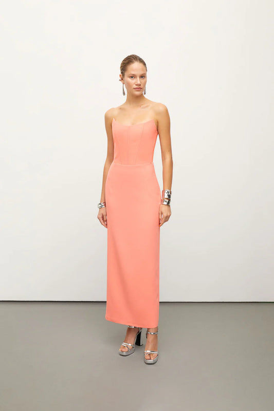 Strapless Midi Coral Crepe Dress