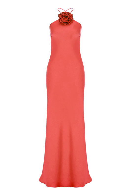 Halter Neck Dress With Flower Brooch - Coral